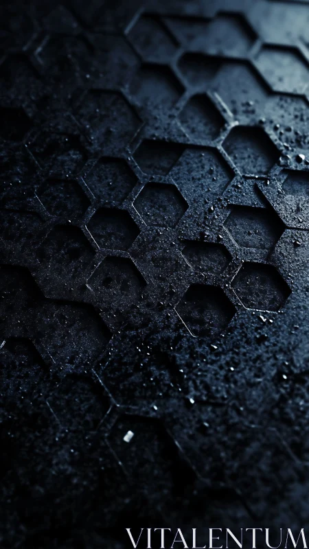 Hexagonal voids on dark industrial surface in shadow.