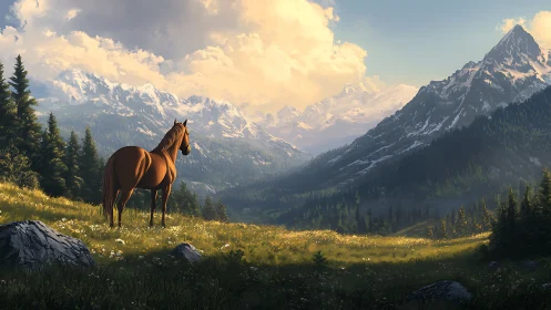 Gentle horse enjoying a golden sunrise in quiet mountains.