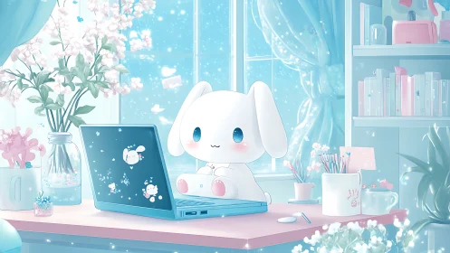 Cute bunny character works at pastel blue laptop desk