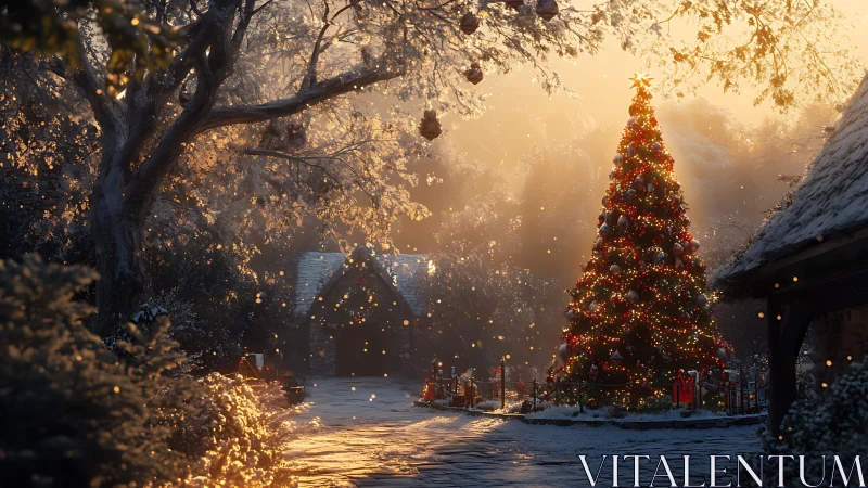Golden dawn twinkles over a storybook village Christmas tree.