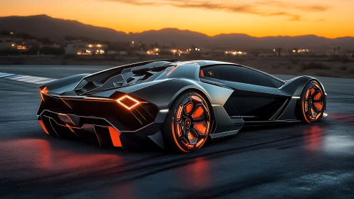 Futuristic hypercar renders under dusk lighting with neon rim glow