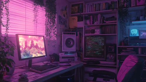 Neon lit programmer workspace with dual monitors and bookshelves.
