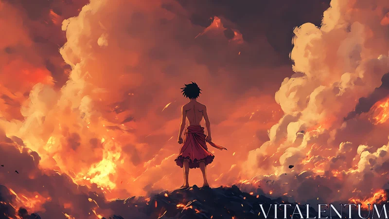 Lone figure observes burning horizon under towering clouds