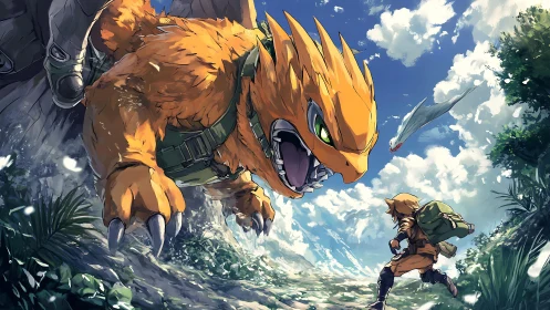 Armored orange dragon lunges at lone explorer under clouds.