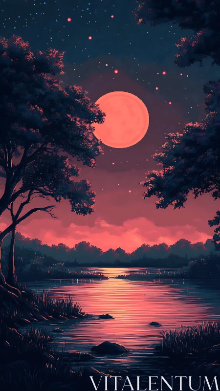 Moonlit river glow under cotton candy twilight skies.