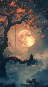 Moonlit tree canopy frames solitary figure in atmospheric glow