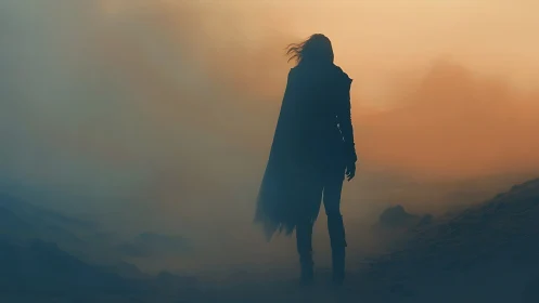 Lone cloaked wanderer strides through a misty orange dusk