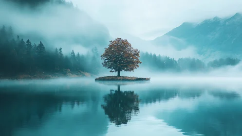 Solitary lakeside tree cradled in misty mountain calm.
