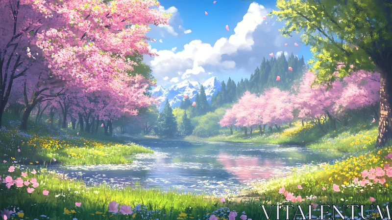 Spring mountain lake with cherry blossoms in bloom.