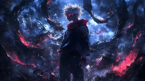 White haired antihero commands swirling crimson void storm.