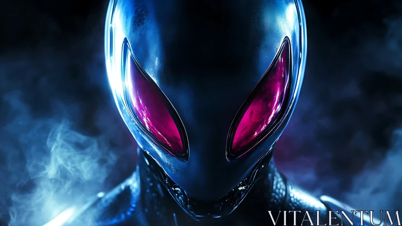 Chrome-eyed alien sentinel glows with electric menace.