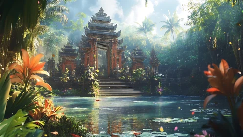 Sunlit Balinese temple gate reflected in tranquil jungle pond