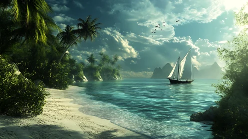 Sailboat navigates turquoise lagoon amid tropical island sanctuary.