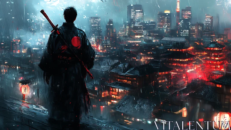 Lone samurai silhouette surveys neon-lit rainy cyberpunk skyline