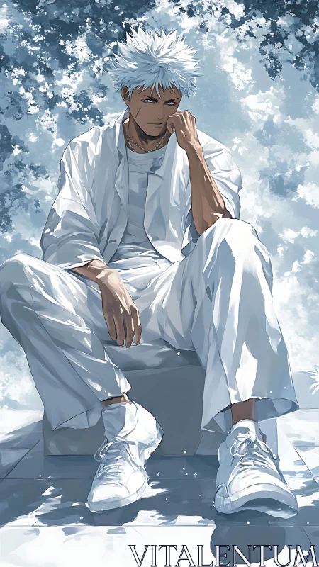 White haired anime man rests in sunlit serene courtyard