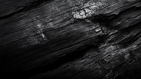 Charred wood macro texture with dramatic diagonal grain lines.