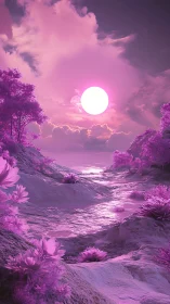 Vivid pink fantasy shoreline under glowing full sun.