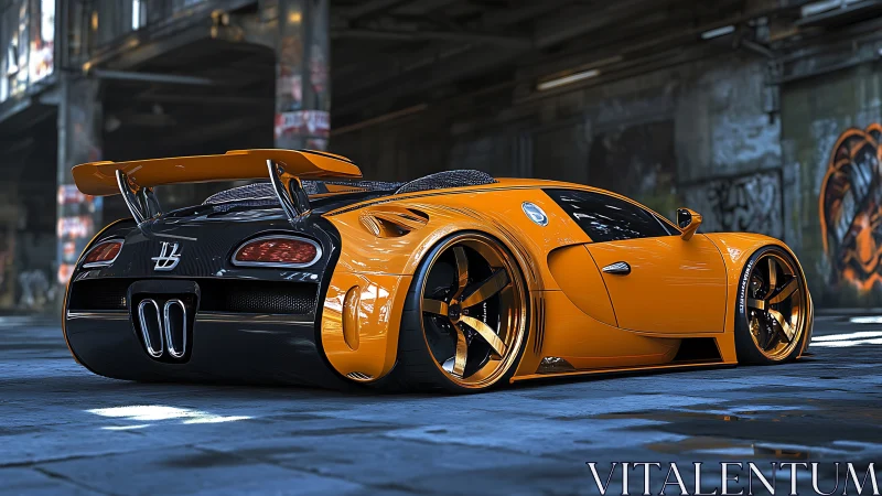 Widebody orange hypercar rendered in high-gloss 3D under warehouse lighting