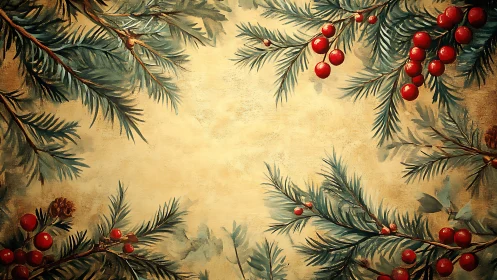 Pine branches and red berries forming a framed background.