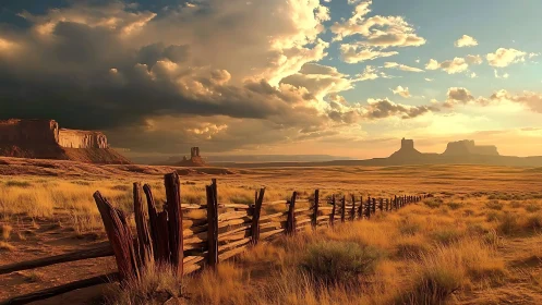 Sunlit desert fence leads toward distant sandstone mesas.