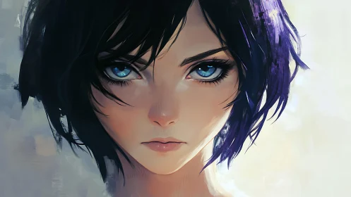 Intense blue-eyed heroine in luminous digital portrait painting.