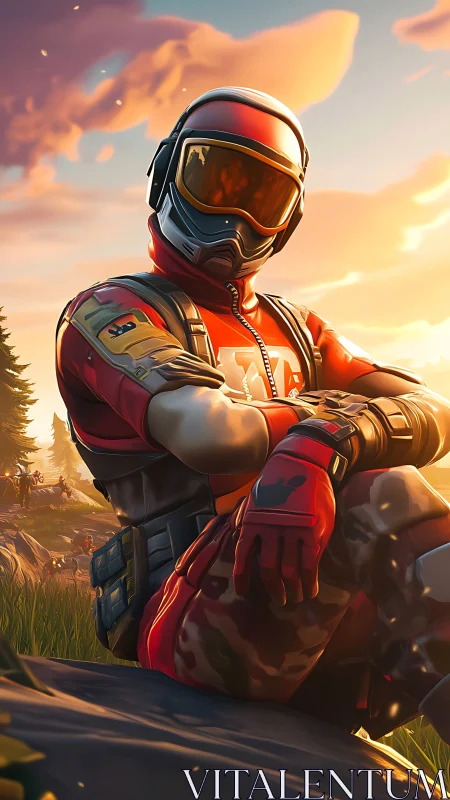 Armored sunset ranger in red tactical combat gear.