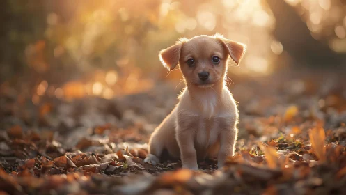 Golden puppy sits on autumn leaves in soft sunset light
