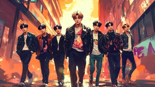 Streetwise boy band strides through neon-lit alleyway.