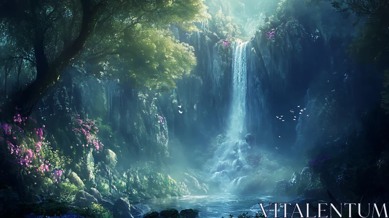 Digital landscape depicts central waterfall in dense forest