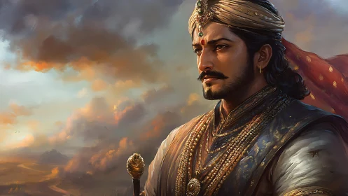 Digital portrait shows regal figure against detailed sky backdrop