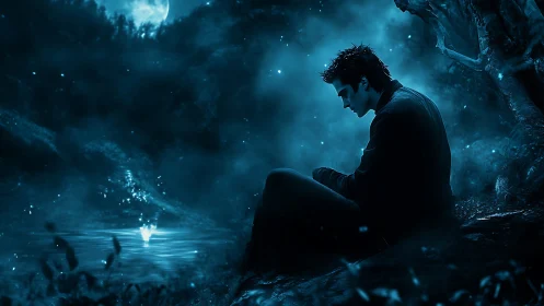 Solitary male figure at moonlit forest pond edge at night.