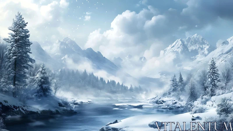 Digital painting of alpine winter river with atmospheric depth.