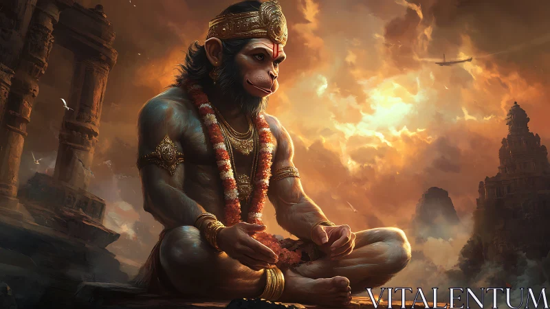 Monkey-headed deity sits meditating before ruined temples