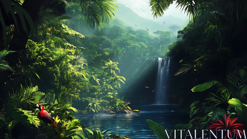 Dense tropical rainforest valley contains waterfall and pool