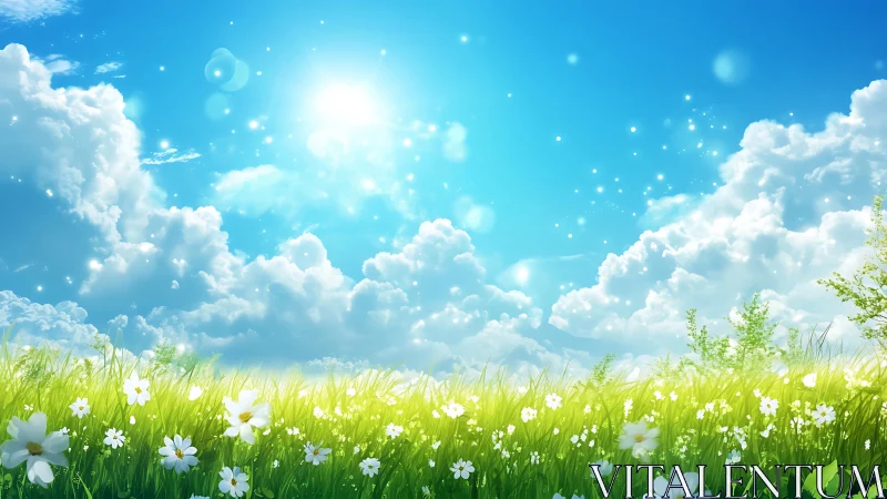 Bright spring meadow stretches under radiant midday sun