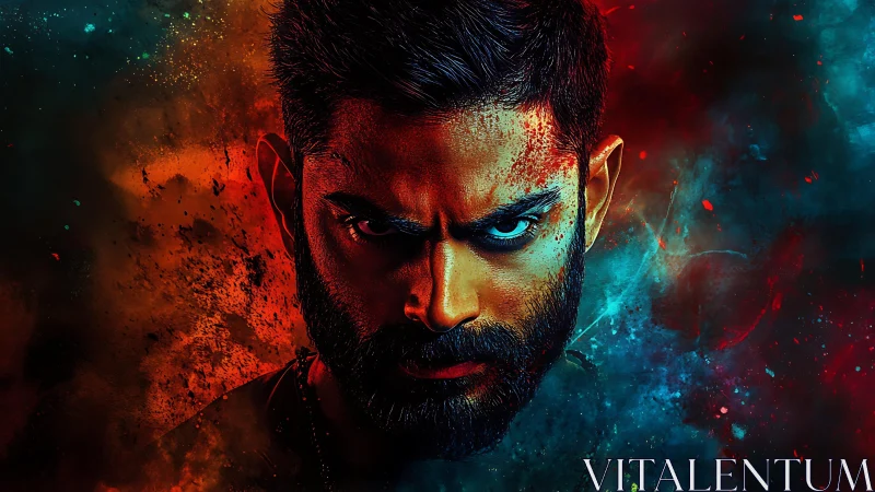 Intense warrior portrait split by fiery and icy light.