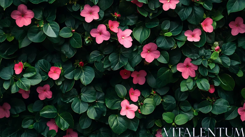 Pink Impatiens Blooming in Lush Garden Shade.