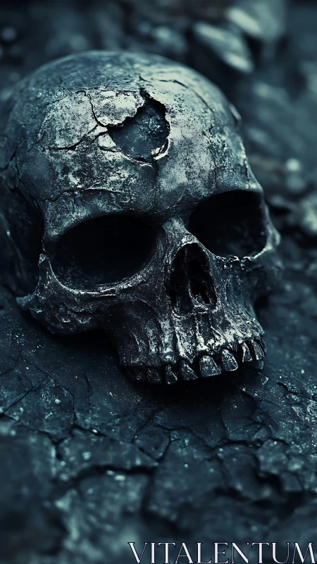 Weathered human skull rendered in high-detail photorealism