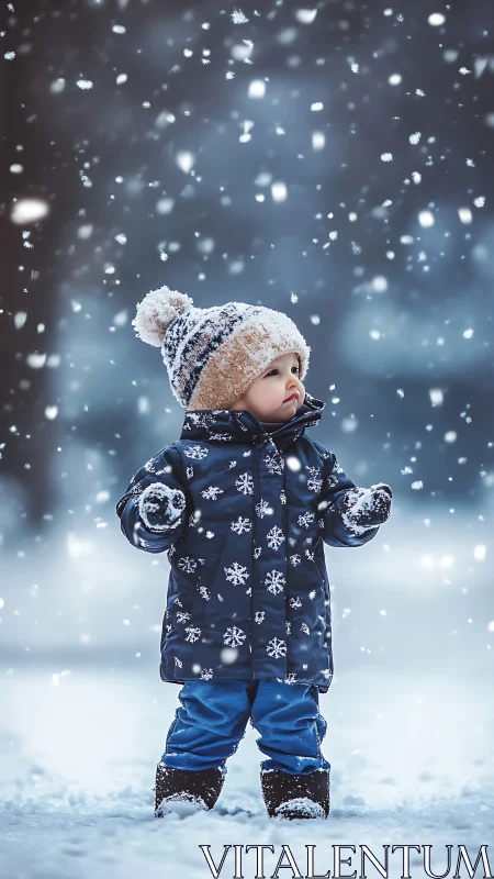 Child in snowy winter landscape surrounded by falling snowflakes.