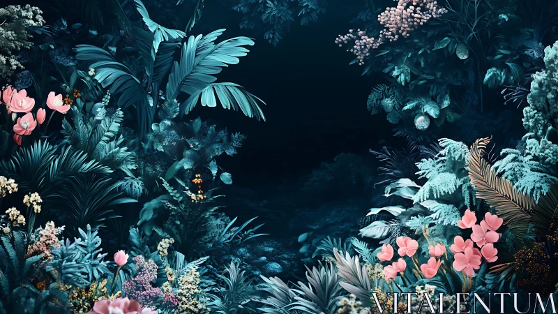 Lush teal forest clearing framed by detailed floral plants.