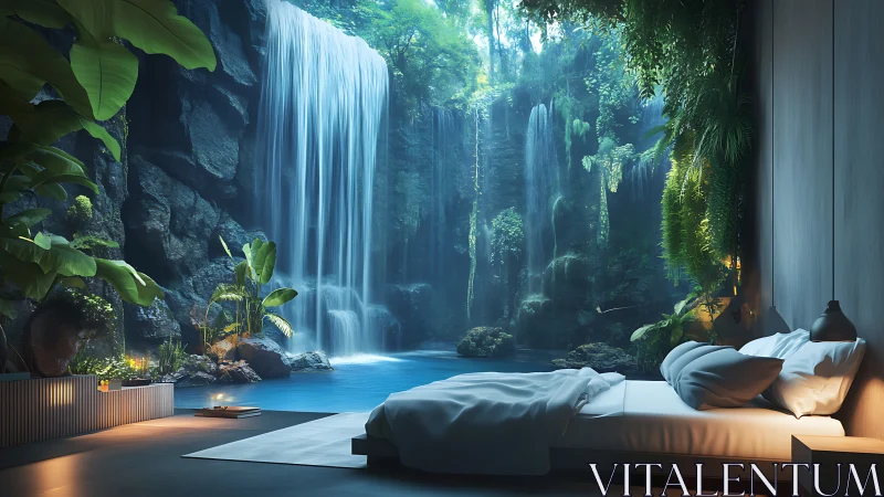 Waterfall sanctuary bedroom with lush biophilic design.