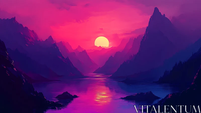 Neon magenta sunset over stylized alpine fjord landscape