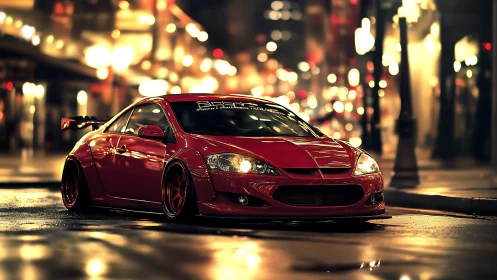 Modified red sports car stands on wet city street at night
