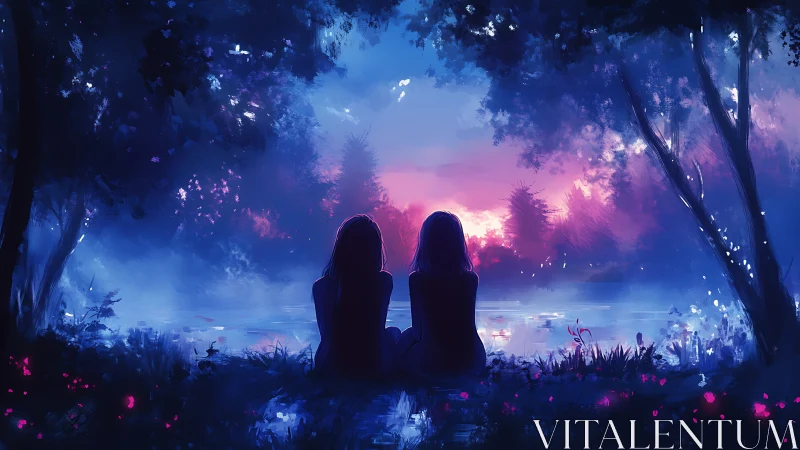 Two quiet silhouettes drink twilight by the painted lake