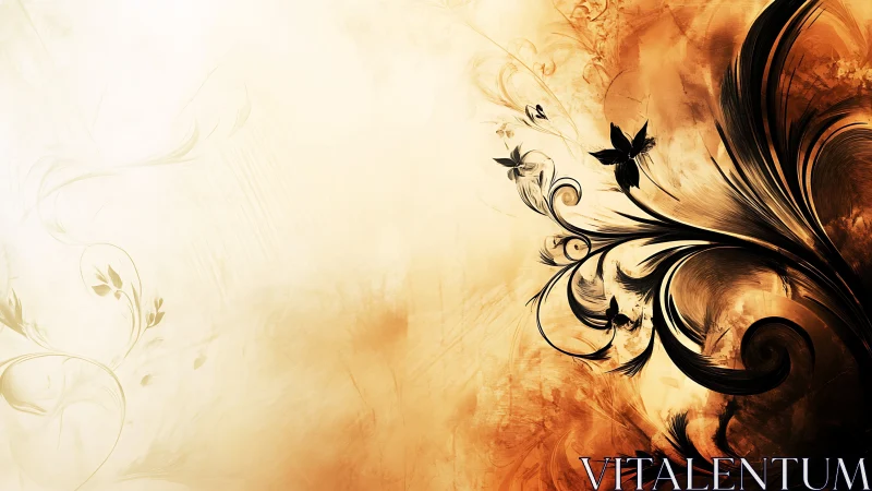 Baroque floral flourishes emerge from warm sepia gradient