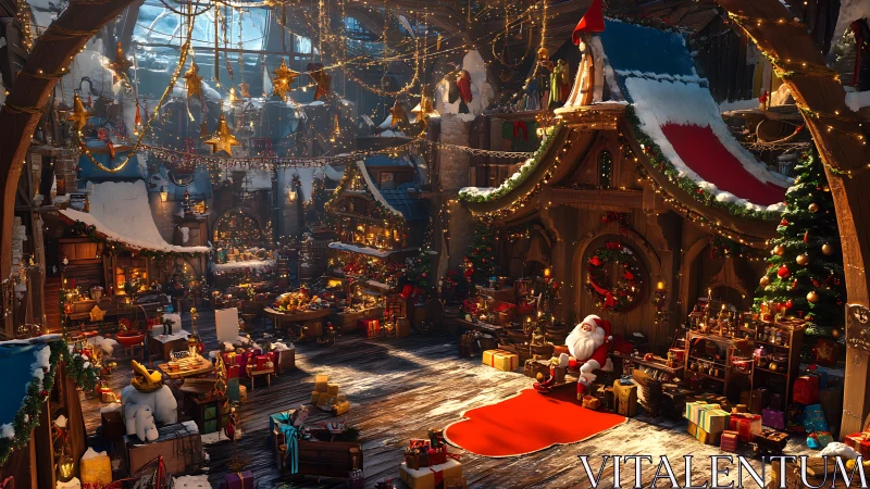Interior workshop view with Santa figure and gift displays.
