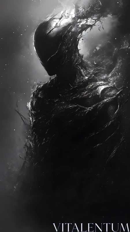 Dark humanoid silhouette dissolves into abstract liquid forms