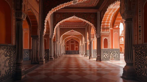 Radiant palace corridor invites quiet walks through carved arches