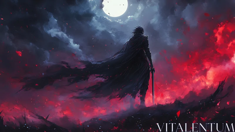Lone moonlit warrior standing in a storm of scarlet embers.