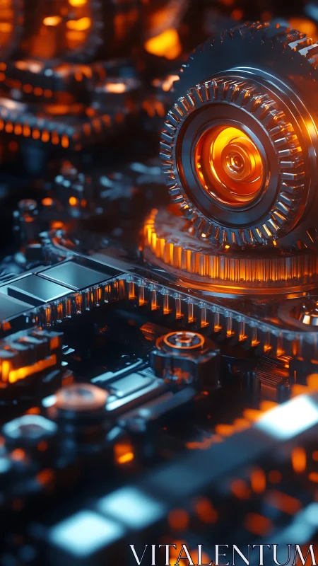 Glowing metal gear over circuit board in blue orange light.